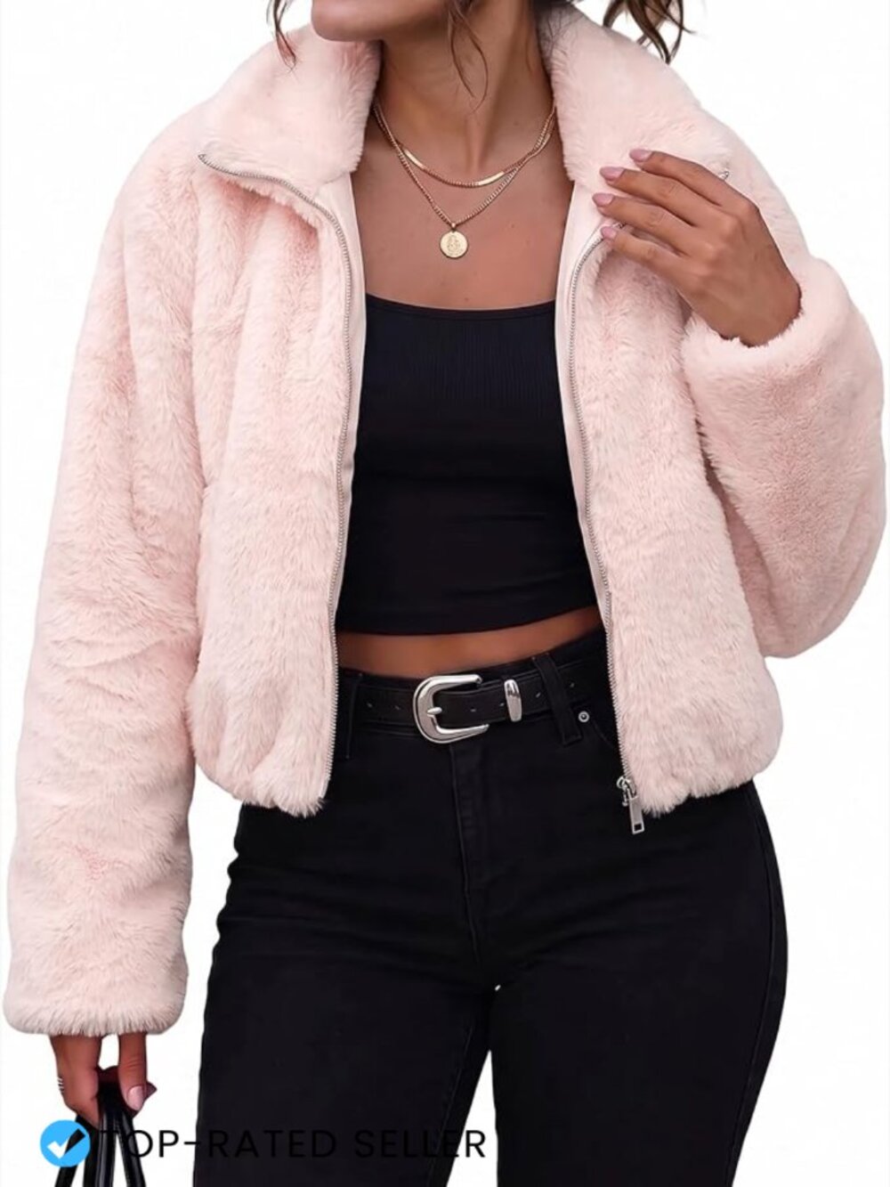 Faux Fur Cropped Jacket for Women Soft Fuzzy Winter Outerwear Full Zip